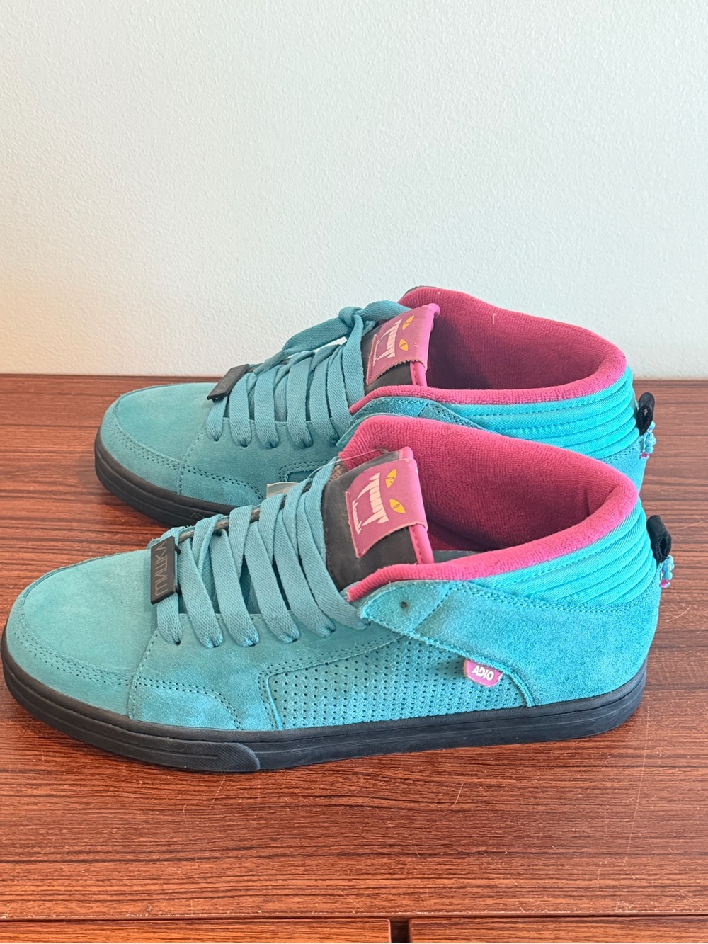 2009 never released Adio x Mishka Teal and Pink High-Top Suede Sneakers